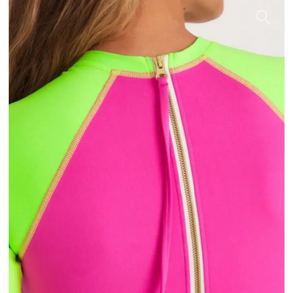LoveShackFancy x Hurley Pink & Lime Blocked Bow Cheeky Surf Swimsuit XL